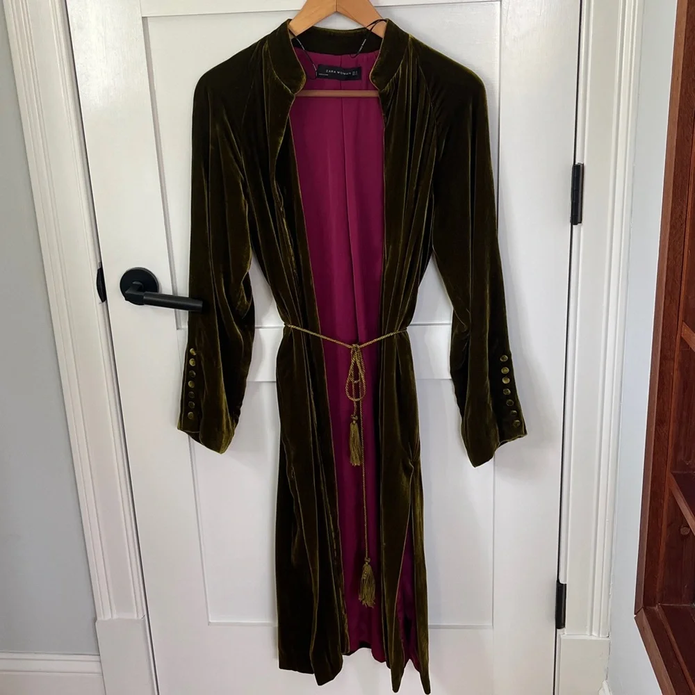 Zara Green Velvet Open Jacket Caftan Formal Dressing XS - Picture 2 of 15